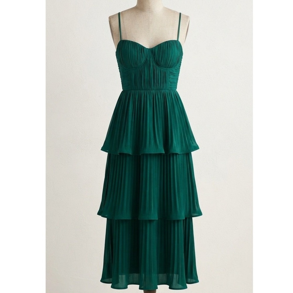 Lulus Cascading Crush Emerald Tiered Bustier Midi Dress Large Regancy Whimsigoth